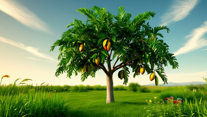 a mango tree with natural view landscape 