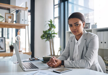 Office, businesswoman and portrait with laptop for online, reading information and research...