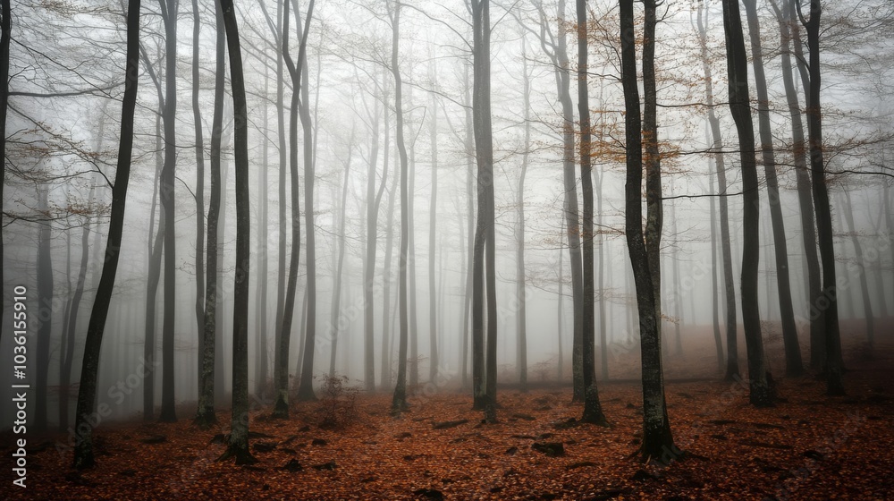 Aufkleber a serene forest features towering trees shrouded in mist, creating a mystical atmosphere. the ground