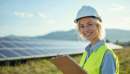 A woman engineer wearing a hard hat and safety vest stands by expansive rows of solar panels, holding a clipboard.