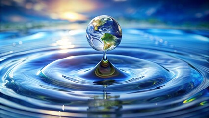 Water drop holding planet earth showing the importance of fresh water on earth