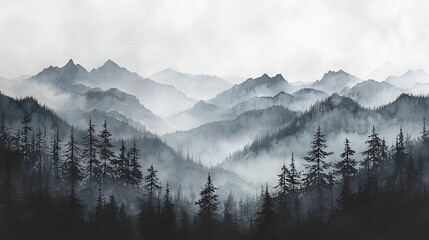   A black-and-white picture of a mountain range, with pine trees in the front, and misty fog behind
