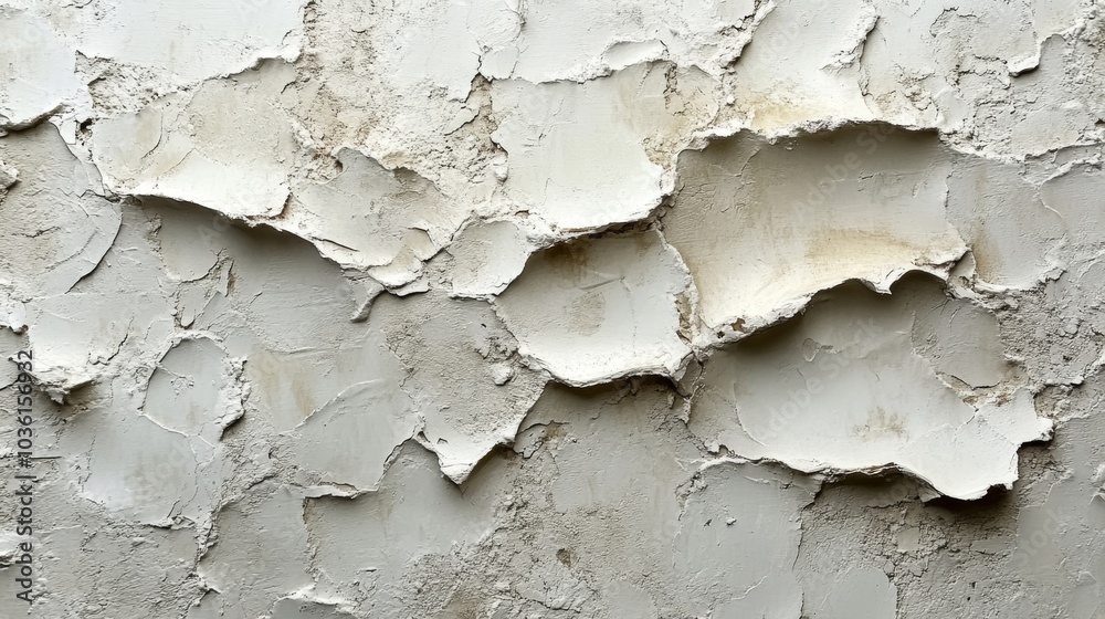 Poster layers of peeling plaster expose a textured surface on a wall in an abandoned location. the daylight