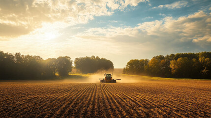 Fototapeta premium Farm equipment is working in a field on a sunny day.