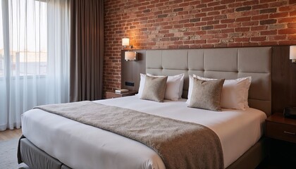 Chic boutique hotel room featuring bed with textured pillows and blanket, exposed brick wall
