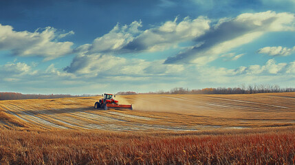 Naklejka premium Farm equipment is working in a field on a sunny day.
