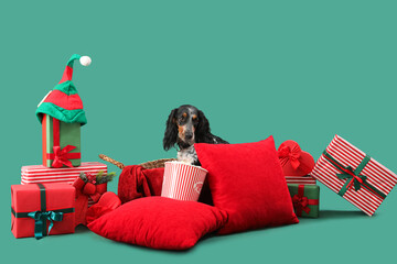 Cute cocker spaniel with Christmas gifts, popcorn and pillows on green background