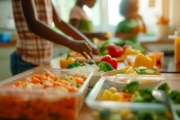 Obraz premium In a bright kitchen, family members gather to chop various colorful vegetables, promoting healthy eating and enjoying quality time together