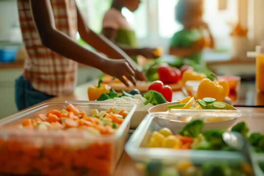 In a bright kitchen, family members gather to chop various colorful vegetables, promoting healthy eating and enjoying quality time together