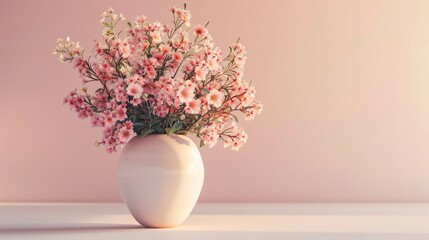 Fototapeta premium 3D illustration of a delicate flower vase with pastel blooms, set against a pale background, capturing soft and serene tones