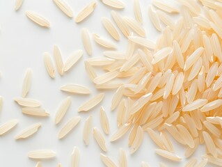 Obraz premium A close-up of uncooked Arborio rice grains on a white background