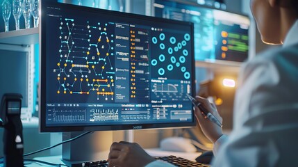 Scientist Analyzing Genetic Data on Computer Screen in Laboratory. Concept of Biotechnology, Research, Data Analysis, and Innovation in Science
