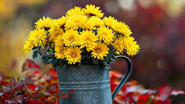 A bouquet of yellow mums sits in a metal pitcher, nestled amidst a bed of red and orange leaves