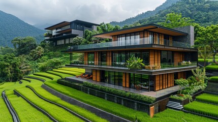 A luxurious modern house with a rooftop terrace, offering panoramic views of the scenic Thai countryside and vibrant agricultural fields