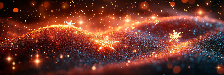 Obraz premium Festive holiday banner with glowing stars and sparkling bokeh lights creating a warm, magical atmosphere