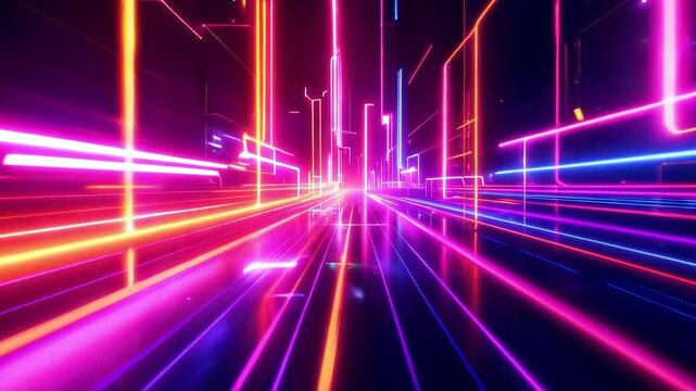 Futuristic cityscape with vibrant neon speedlines
