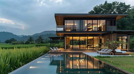 Fototapeta premium A luxurious modern house with a rooftop terrace, offering panoramic views of the scenic Thai countryside and vibrant agricultural fields