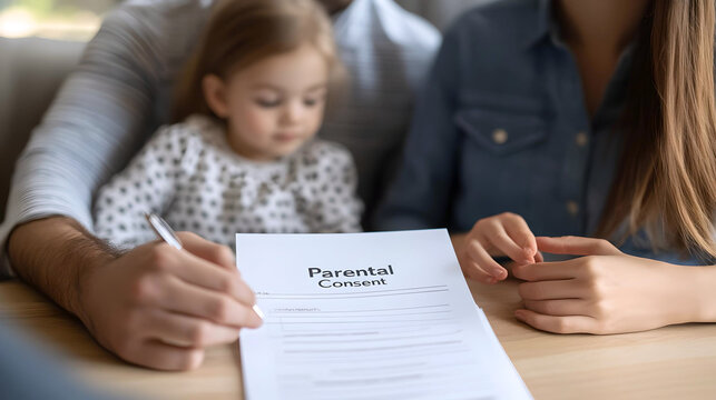 Parents signing parental consent form with child
