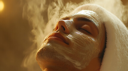 A man is getting a facial treatment with steam and a towel