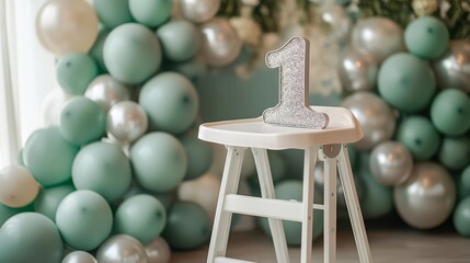 Silver number one balloon on a high chair in a softly decorated birthday backdrop