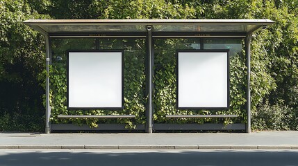 Two blank white posters on the side of a bus stop shelter in an urban setting.
