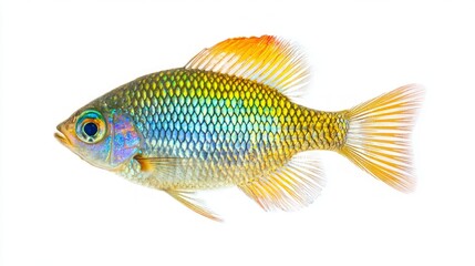 Boesemani Rainbowfish displays a stunning array of colors featuring iridescent scales and delicate fins creating a striking contrast on a white backdrop.