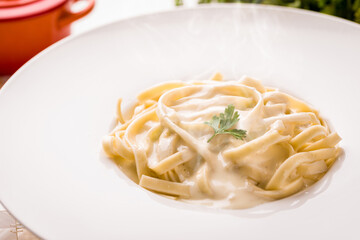 Creamy Fettuccine Pasta With Parsley Garnish in White Plate