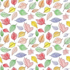 seamless pattern of colorful autumn leaves drawn with colored pencil on white background