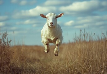 Obraz premium A playful goat joyfully jumps across a sunny meadow filled with tall grass in the afternoon