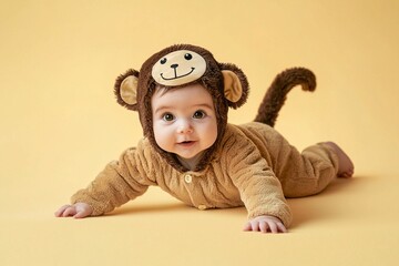 adorable baby in monkey pajamas crawls on yellow background