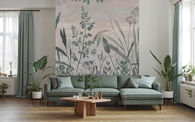 Green sofa and floral wallpaper  pink and green  modern living room  create a serene and inviting atmosphere   