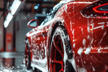 A red sports car is covered in soap at a car wash. Concept of cleanliness and luxury. For car care advertisements.