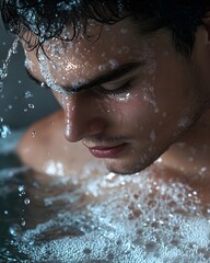 A young man in a luxury interior, foam on his shoulders, pours water behind him.