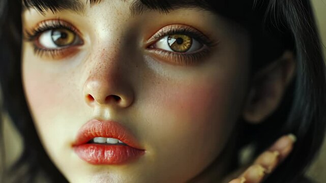 A young woman with dark hair and brown eyes stares intensely at the camera