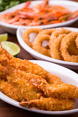 Delicious Seafood Platter with Fried Shrimp and Calamari Rings