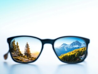 Sunglasses reflecting nature, showcasing scenic trees and mountains.