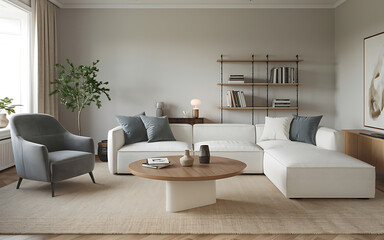 Modern living room interior design with white sofa and grey armchair  showcasing minimalist style and cozy comfort   