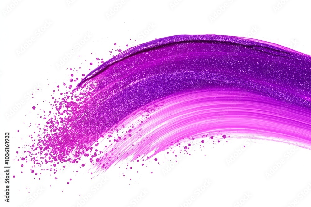 Wall mural curved brushstroke of vibrant purple and pink hues with glittery splatters on a white background