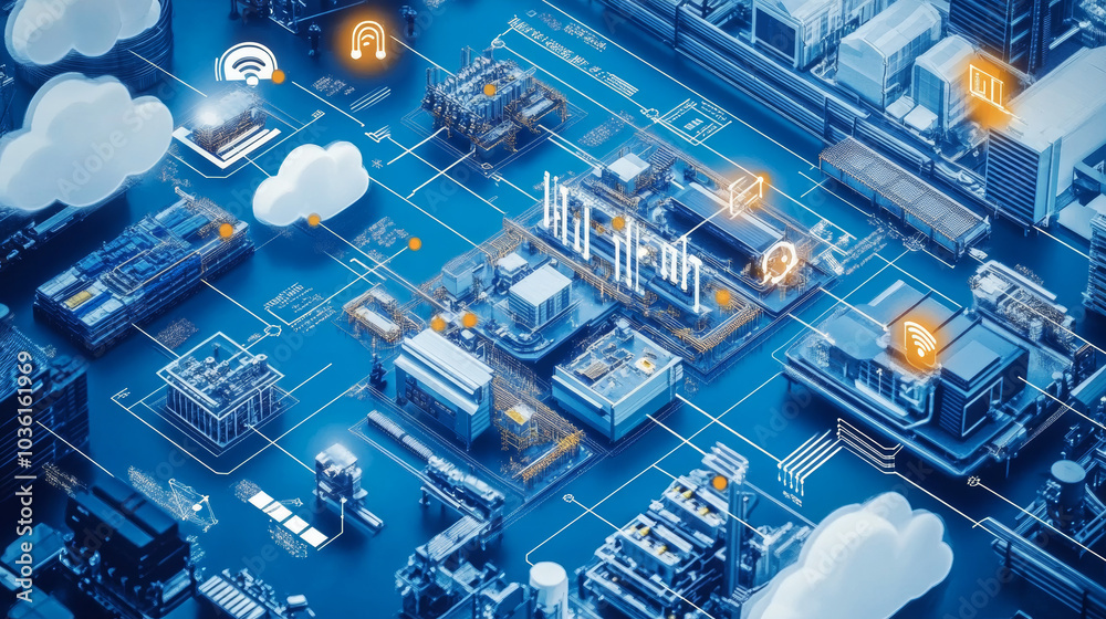 Poster industry 4.0 uses technology like automation and cloud computing to create smart factories.