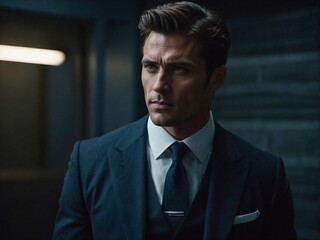 A tall muscular man in a tailored suit stands in a dimly lit room with a serious expression, suggesting an intense conversation.