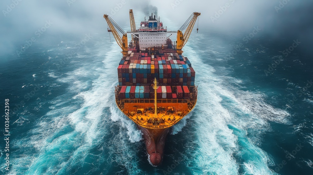 Aufkleber the cargo ship braves rough seas, surrounded by misty clouds, transporting a vibrant array of contai