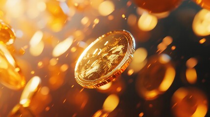   A detailed shot of a golden coin suspended mid-air among other golden coins surrounding it