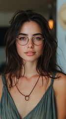 Portrait of a beautiful young woman with brown hair, wearing glasses