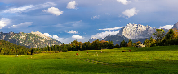 Scenic landscape of fields and mountains at Garmisch-Partenkirchen in Germany