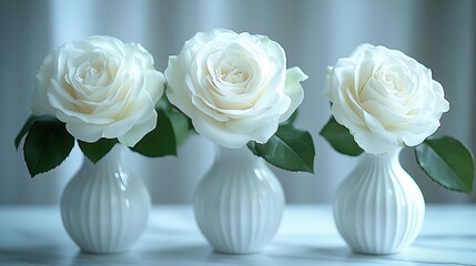 Three white roses in elegant vases.