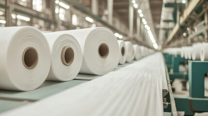Large rolls of cotton fabric are used to make clothes in textile factories.