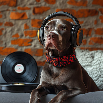 Fototapeta Pies siedzi na szarej sofie i słucha muzyki w słuchawkach, obok niego leżą płyty winylowe i gramofon. W tle widać ścianę z czerwonej cegły i jasne światło, co tworzy ciepłą, domową atmosferę.