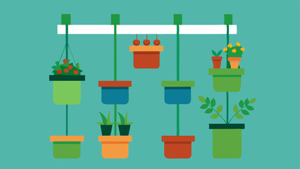 Obraz premium Vertical Garden A vertical garden setup with hanging pots and containers filled with herbs and flowers designed for easy gardening without bending down.
