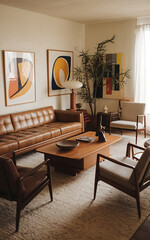 Fototapeta premium Mid-century modern living room with brown leather sofa and chairs perfect for a cozy and stylish home design 