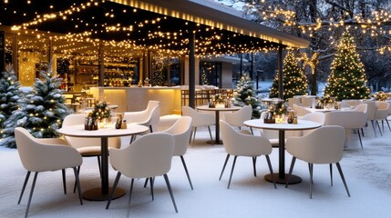 Naklejka premium Guests enjoy warm drinks in a festive cafe, surrounded by snow-covered streets illuminated with sparkling decorations